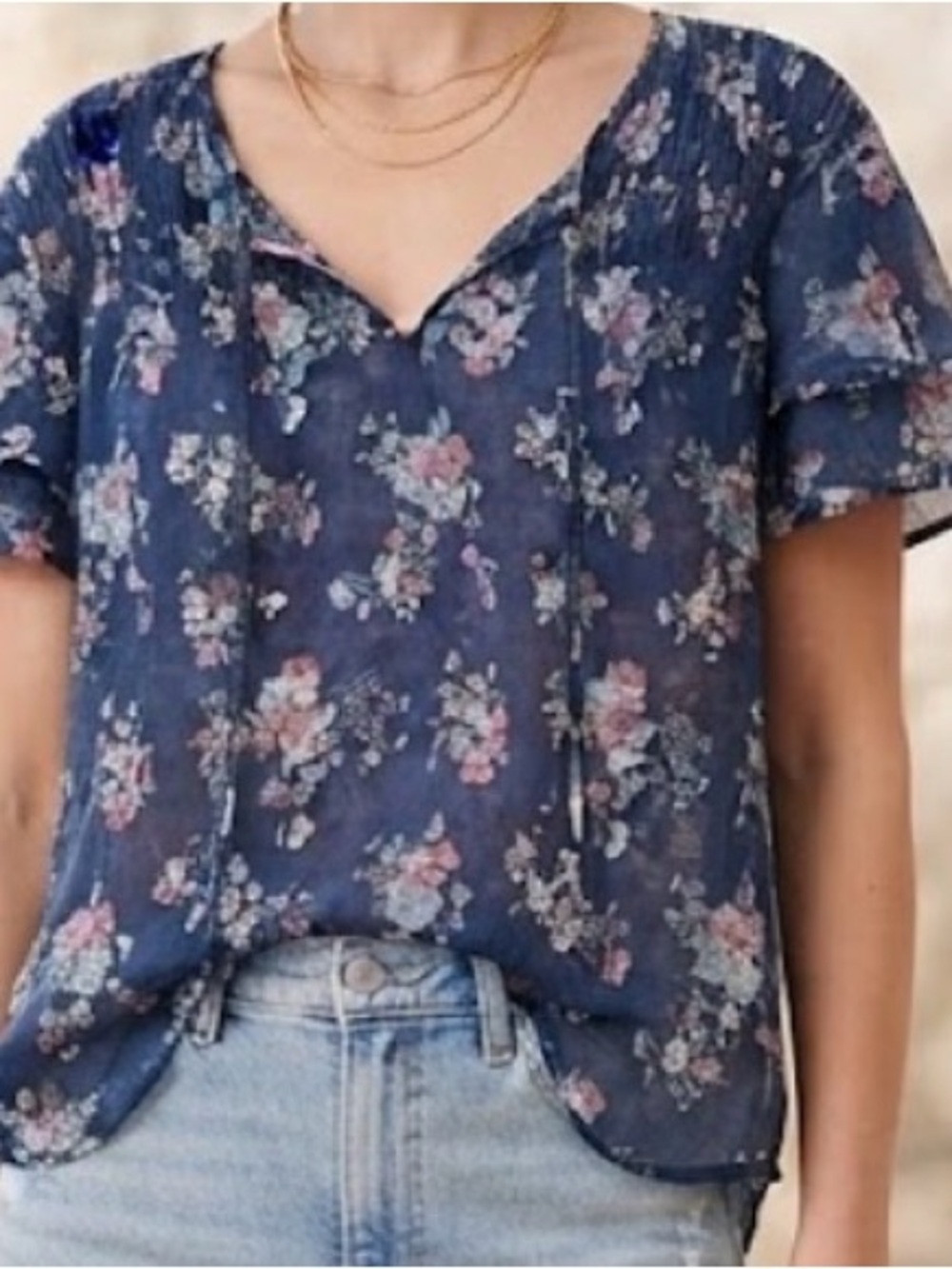 Knox Rose Blue Floral Smocked Ruffle Sleeve Peasant Blouse Size L